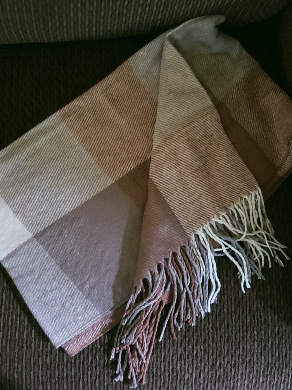 Neutral Plaid Fringe Fashion Scarf- Brand